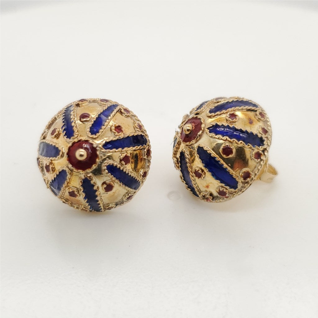 Vintage Etruscan Revival 14kt Yellow Gold Blue and Red Enamel Earrings