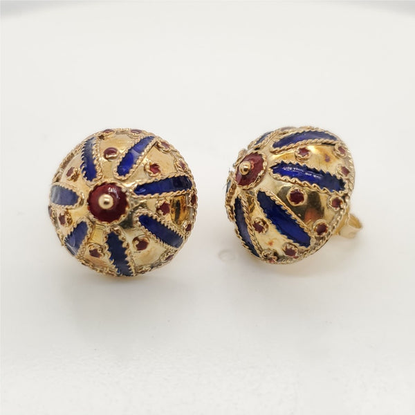 Vintage Etruscan Revival 14kt Yellow Gold Blue and Red Enamel Earrings