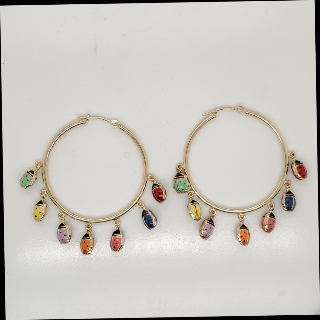 14kt Yellow Gold Enamel Lady Bug Hoop Earrings