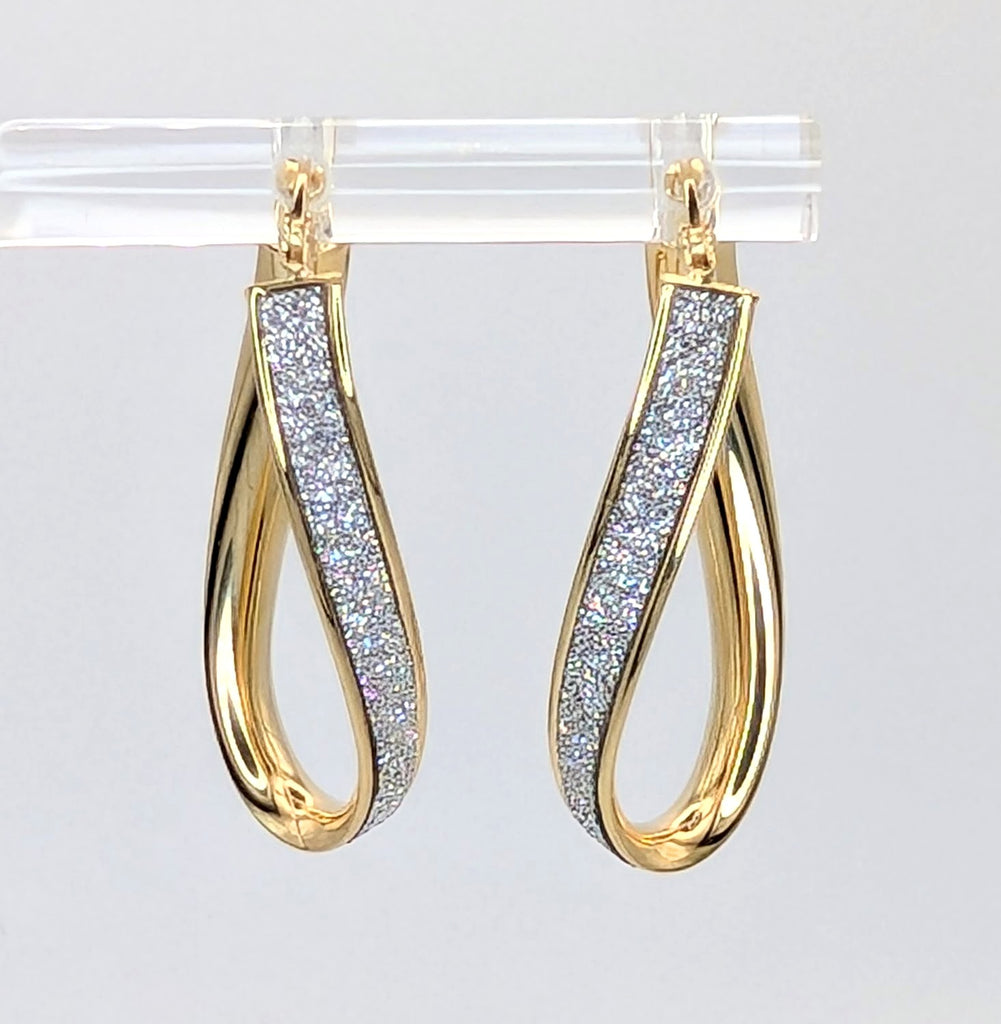 14K Yellow and White Gold Oval Sparkle Hoops