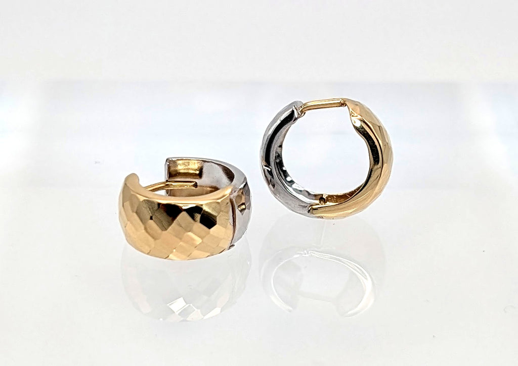 14K Yellow and White Gold Hammered Huggie Hoops