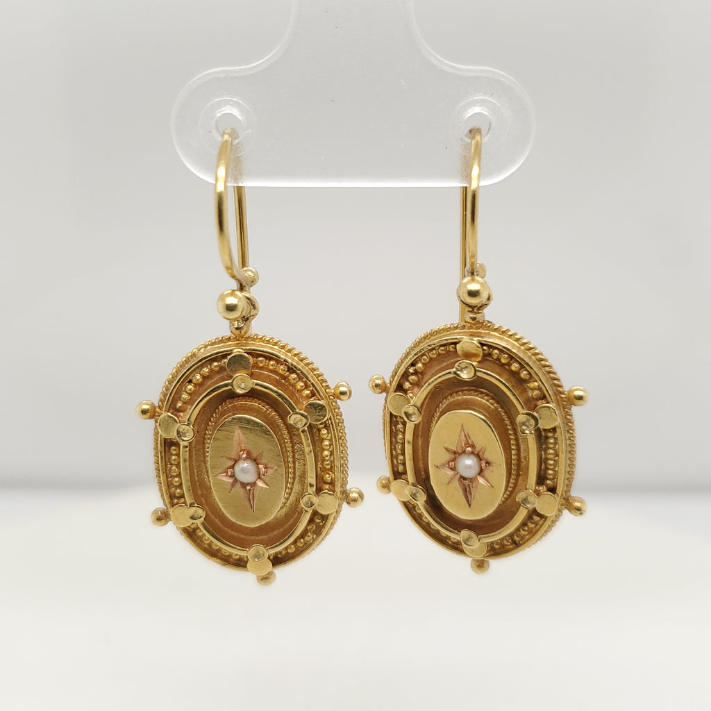 Vintage 15kt Yellow Gold and Pearl Dangle Earrings