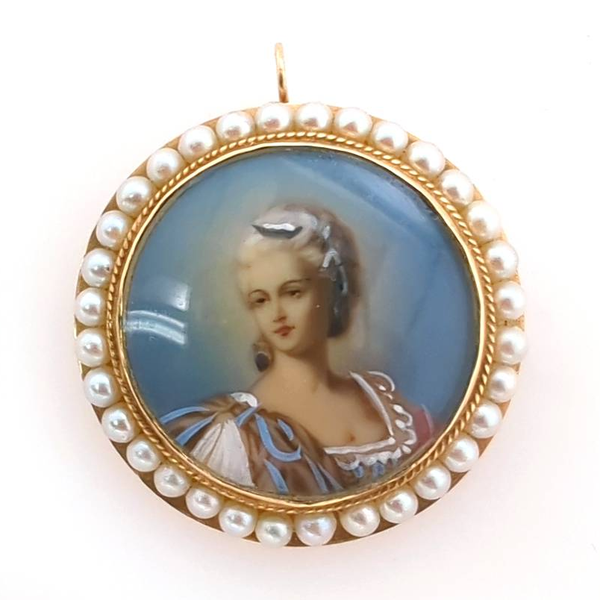 Estate Miniature Portrait Pendant/Brooch With Pearl Border