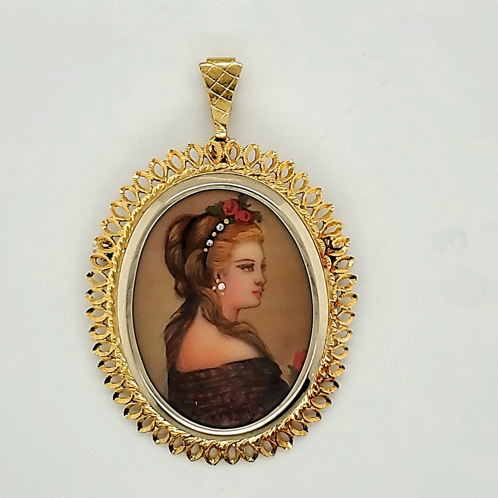 Italian 18kt Yellow Gold and Diamond Miniature Portrait Style Brooch/Pendant