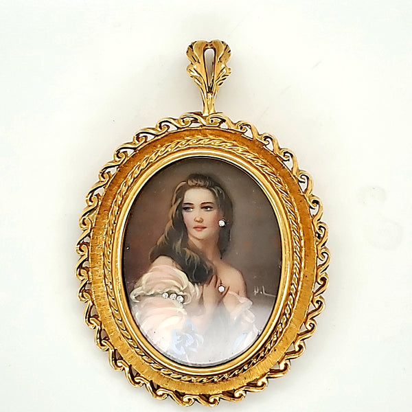 Italian 18kt Yellow Gold and Diamond Miniature Portrait Style Brooch/Pendant