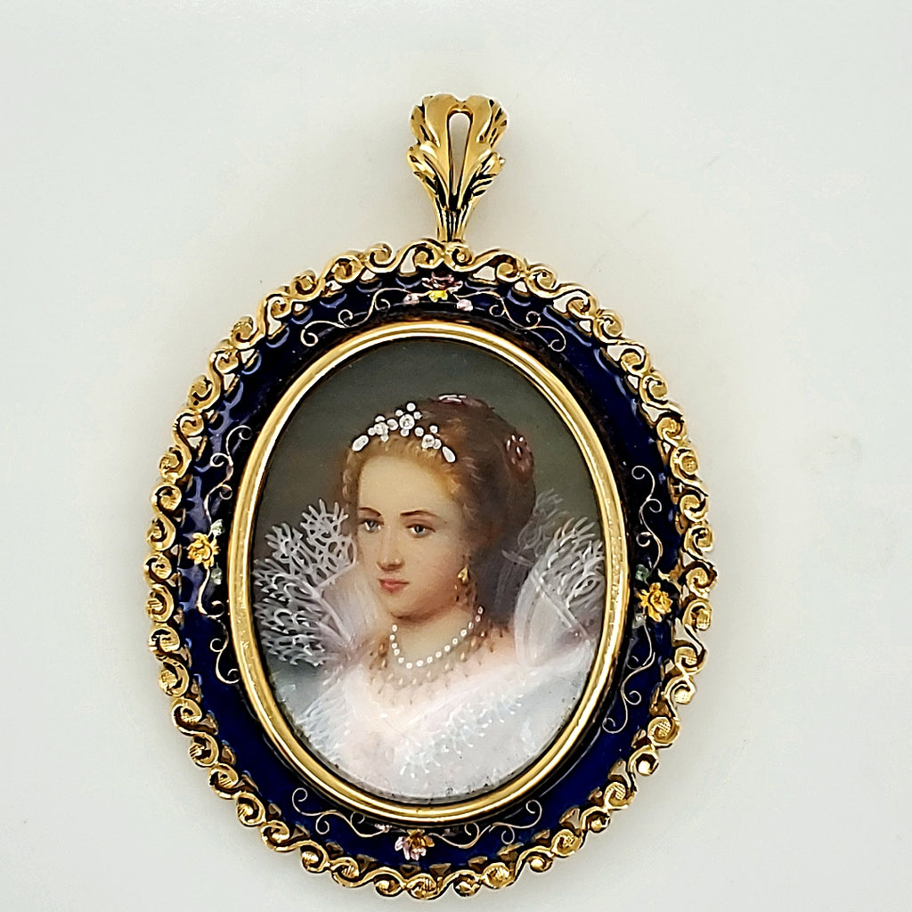 Italian 18kt Yellow Gold and Diamond Miniature Portrait Style Brooch/Pendant