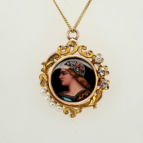 Antique Victorian 18kt Yellow Gold Pearl and Diamond Miniature Portrait Style Brooch/Pendant