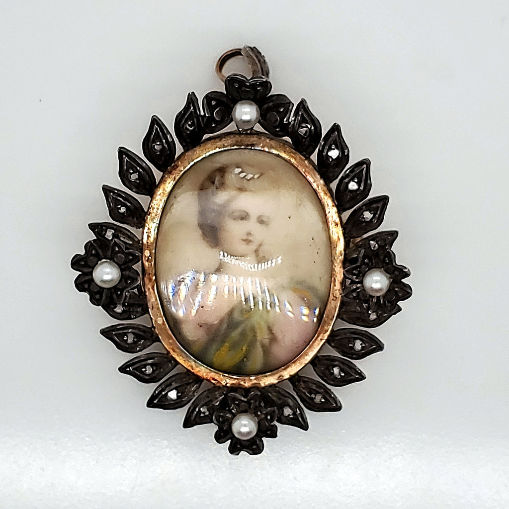Early Victorian Miniature Portrait Brooch/Pendant With Natural Pearls