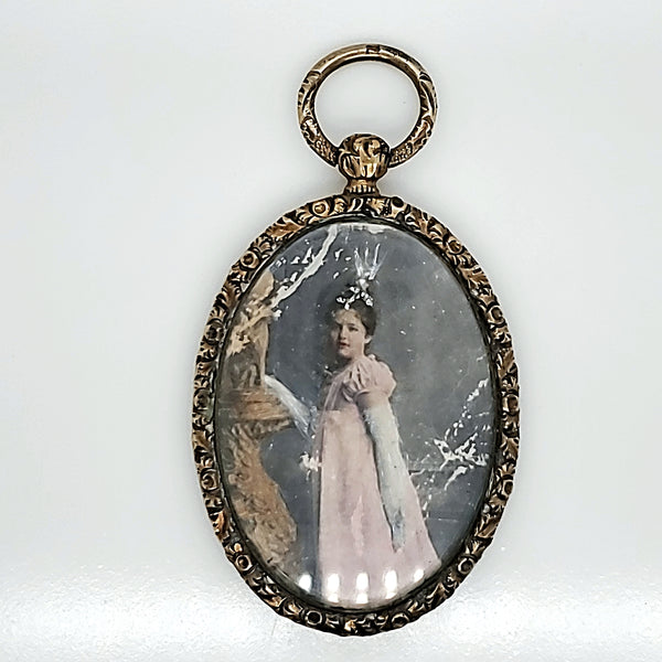 Mid Victorian 8Kt Yellow Gold Oval Miniature Hand Painted Colored Photo Pendant