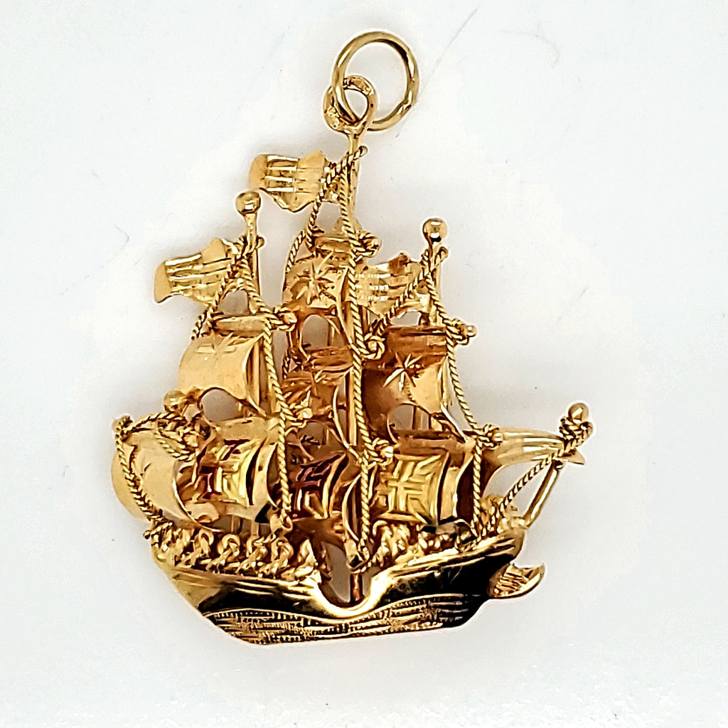 22kt yellow gold five mast sailing ship pendant