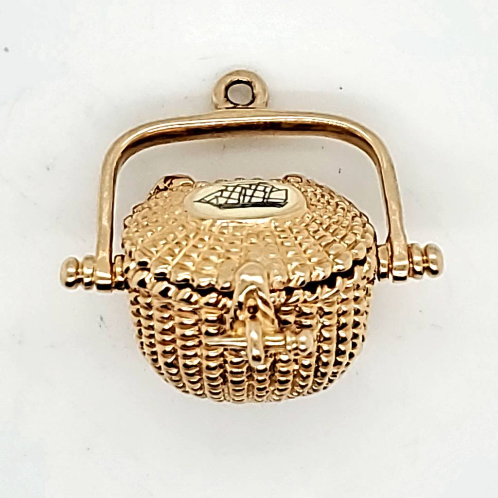 Vintage 14kt Yellow Gold Basket Charm with Scrimshaw Top