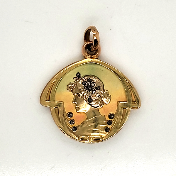 Art Nouveau 18Kt Yellow Gold Enamel And Diamond Locket