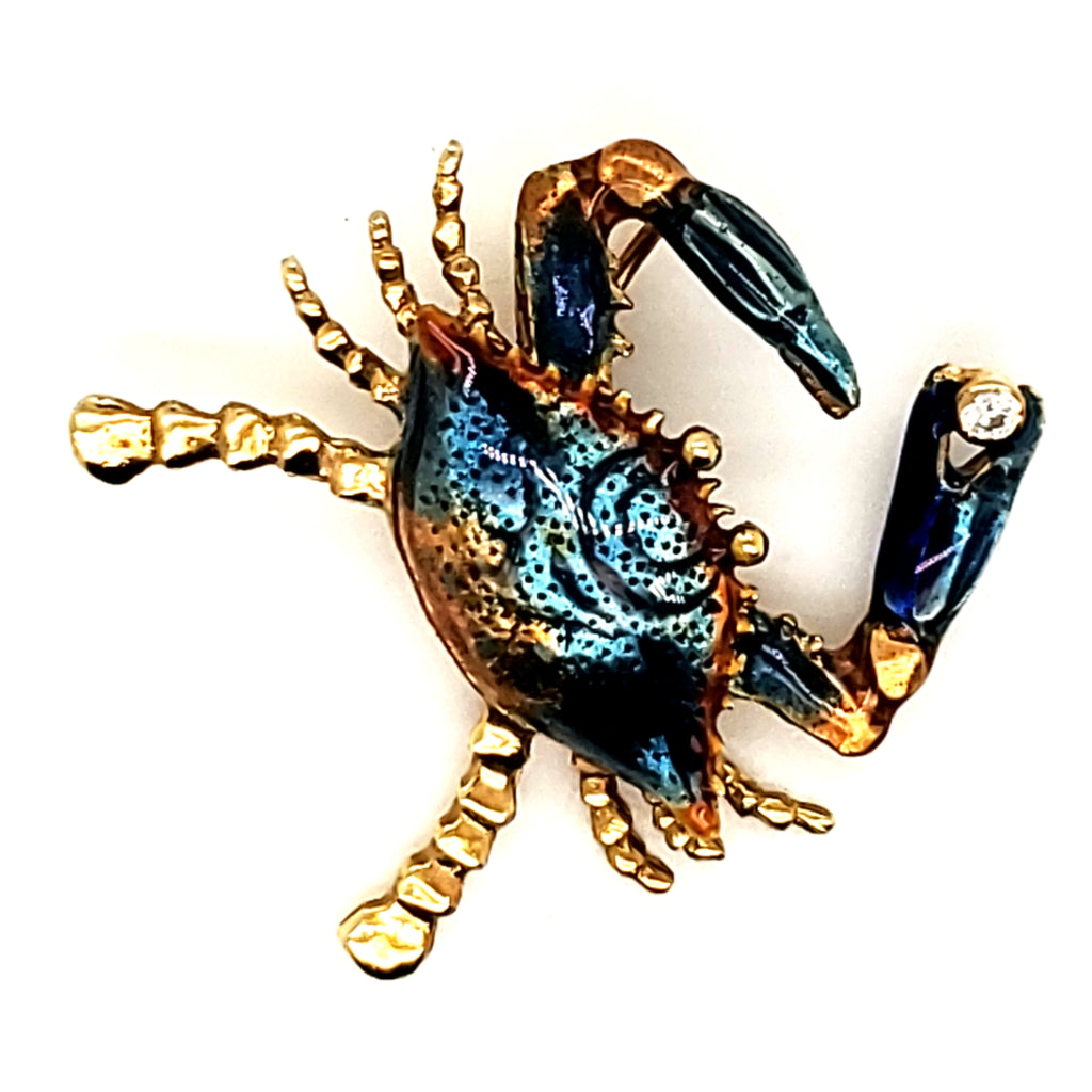 Vintage 18kt Yellow Gold Enamel and Diamond Crab Pendant