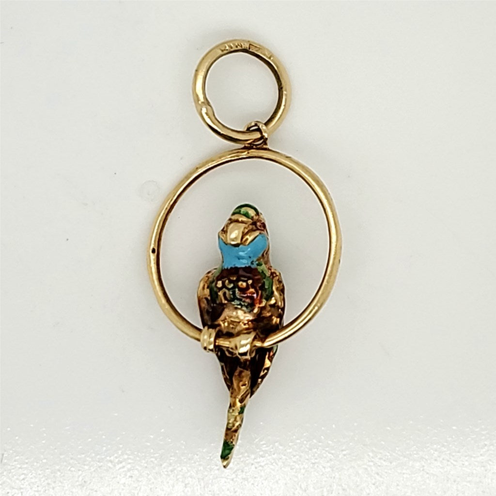 Vintage 18kt Yellow Gold Enamel Parrot Pendant Charm