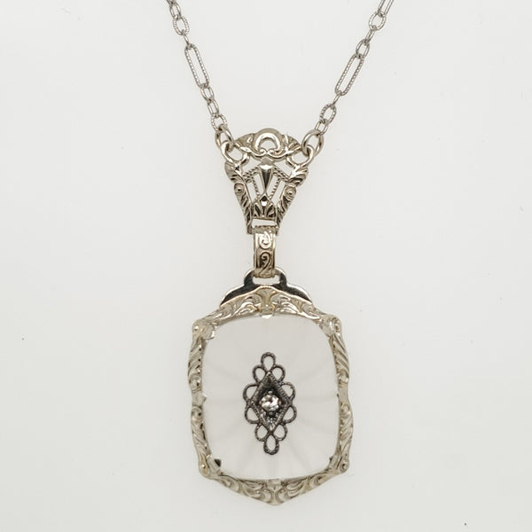Art Deco 14kt White Gold Camphor Glass and Diamond Pendant Necklace