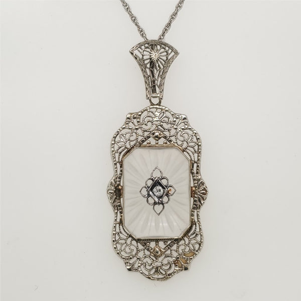 Art Deco 14kt White Gold Camphor Glass and Diamond Pendant Necklace