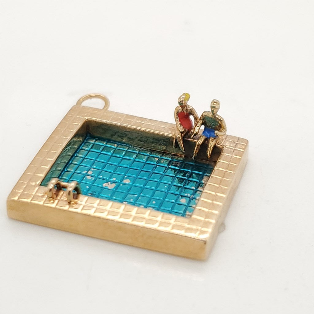Vintage 14kt Yellow Gold Enamel Pool Charm of Pendant