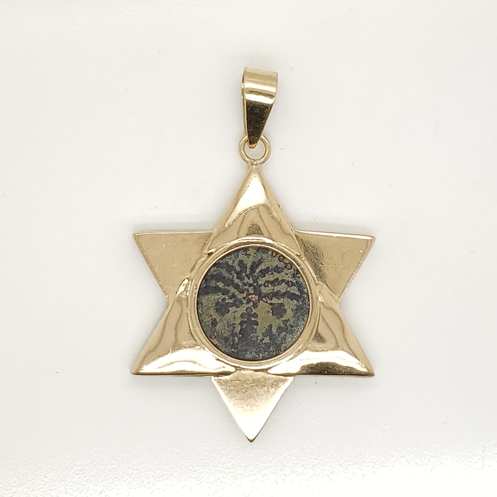 Vintage 18kt Yellow Gold Star of David Pendant With Ancient Coin