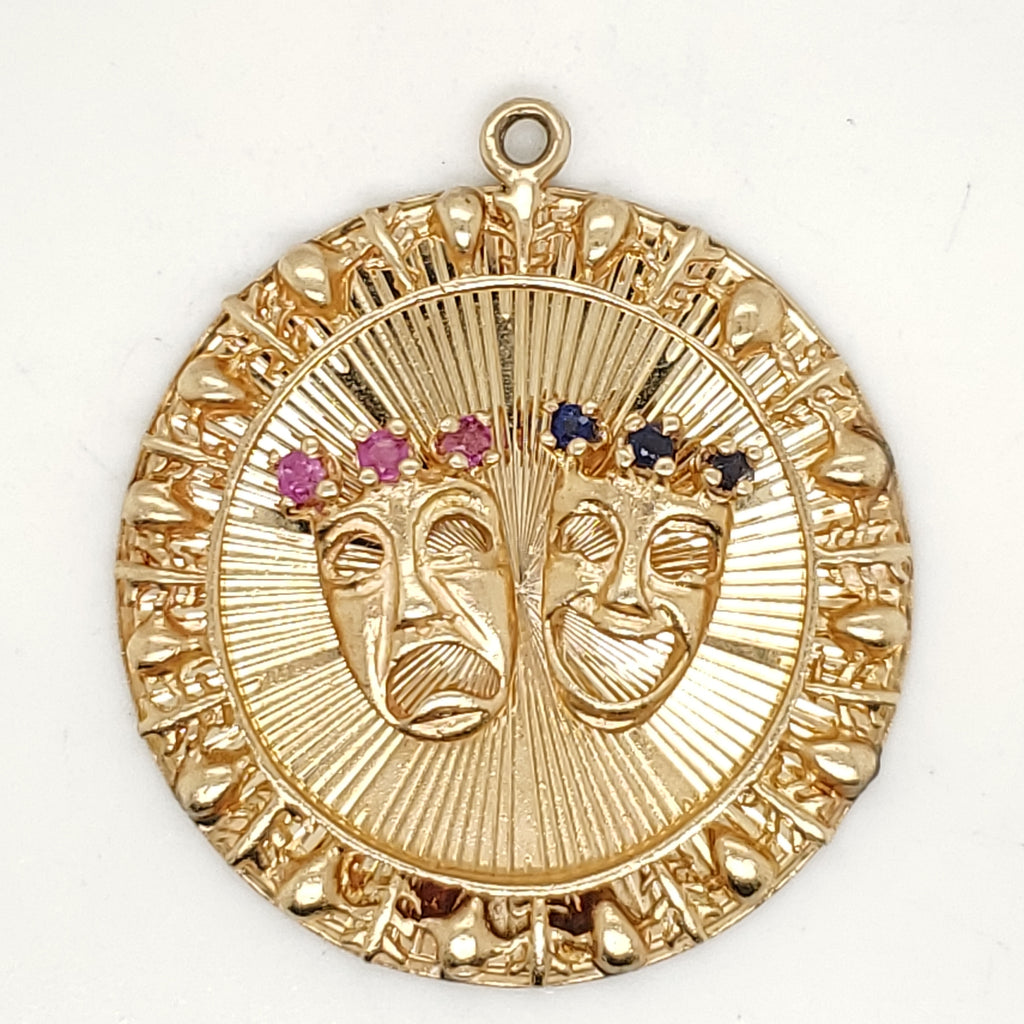 Vintage 14kt Yellow Gold Ruby and Sapphire Comedy and Tragedy Charm Pendant