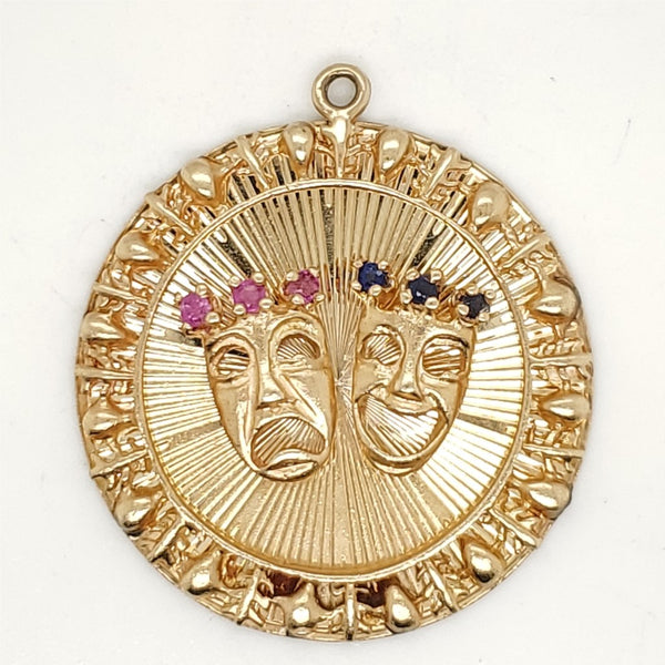 Vintage 14kt Yellow Gold Ruby and Sapphire Comedy and Tragedy Charm Pendant
