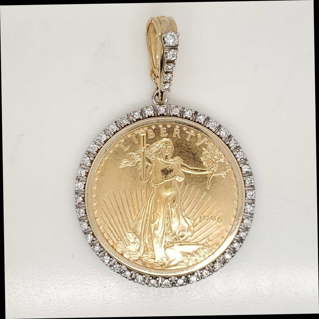 1996 One Ounce Standing Liberty Gold Coin and Diamond Pendant