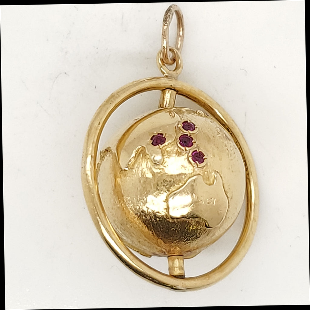 Vintage 18kt Yellow Gold Ruby and Diamond Globe Charm