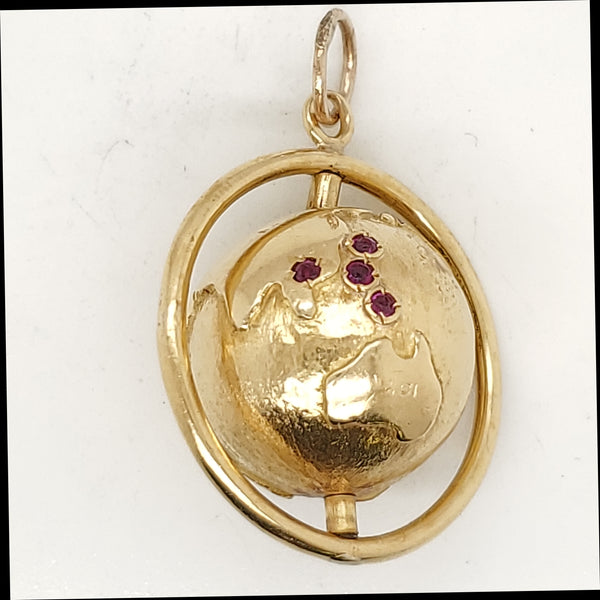 Vintage 18kt Yellow Gold Ruby and Diamond Globe Charm