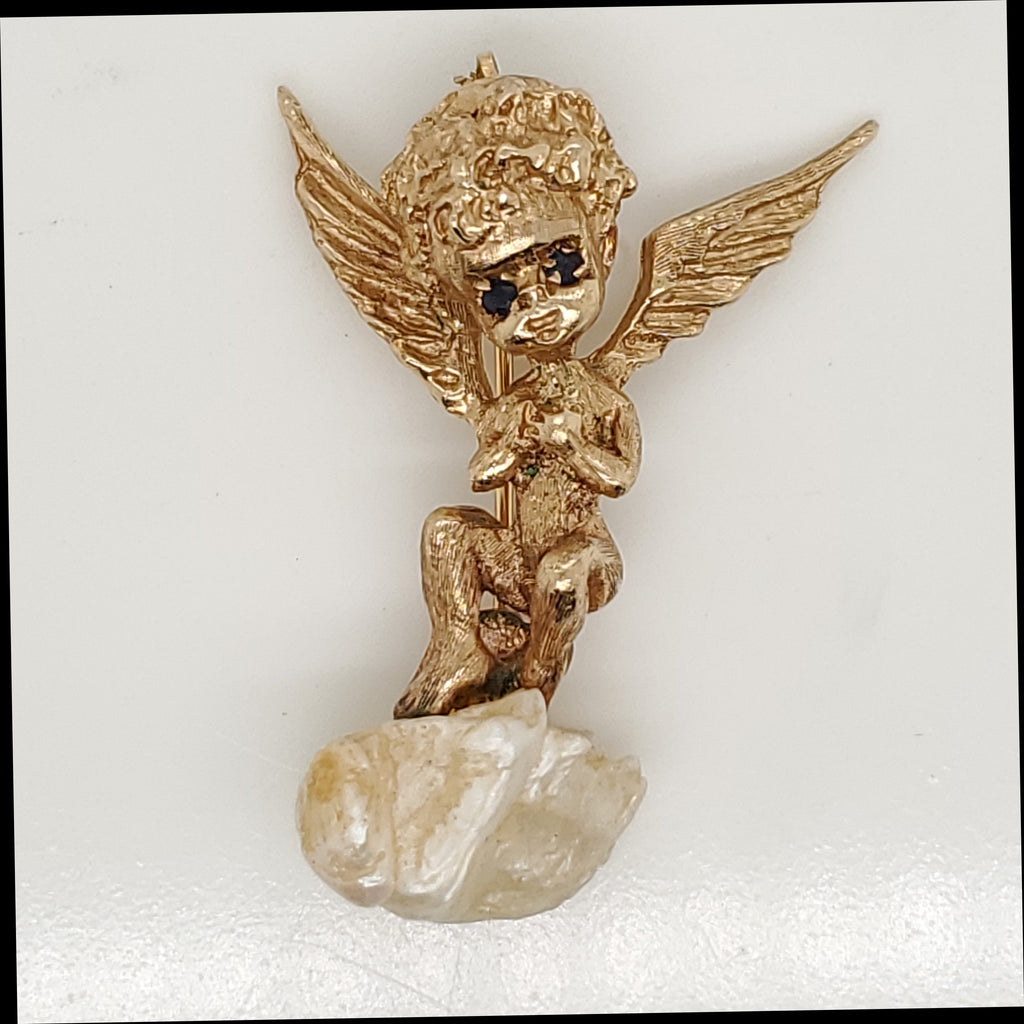 Vintage 14kt Yellow Gold Pearl and Sapphire Cherub Brooch