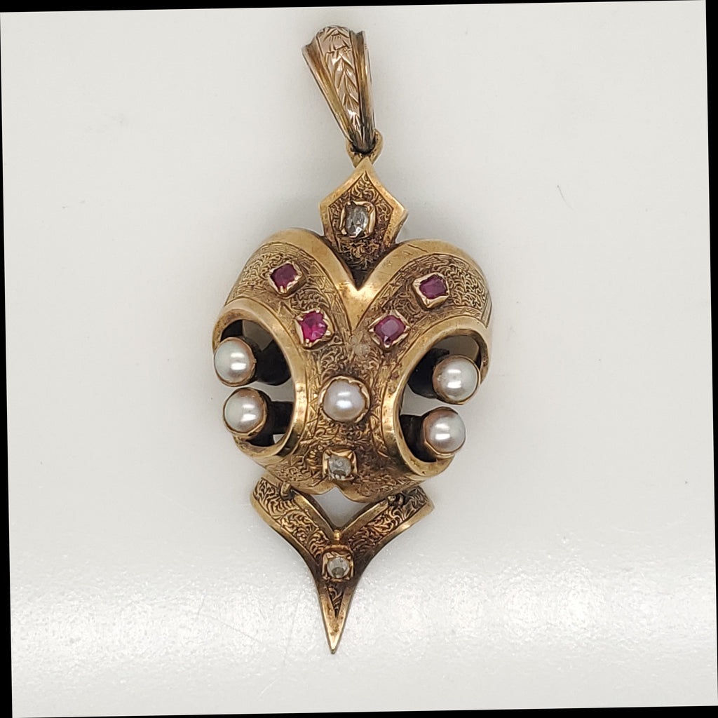 Antique 14kt Yellow Gold Pearl Ruby and Diamond Pendant