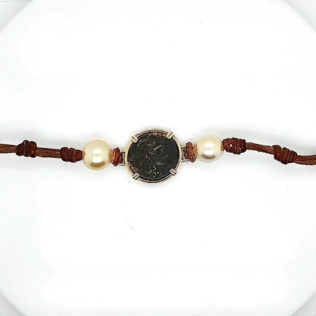 Wendy Mignot ancient Greek coin and pearl leather bracelet
