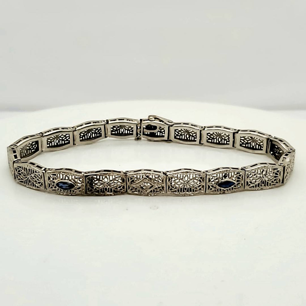 Art Deco 14Kt White Gold Filigree Sapphire Bracelet