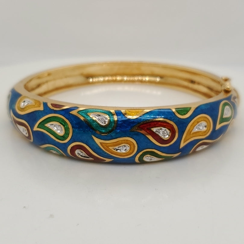 Vintage 18kt Yellow Gold Enamel and Diamond Bangle Bracelet