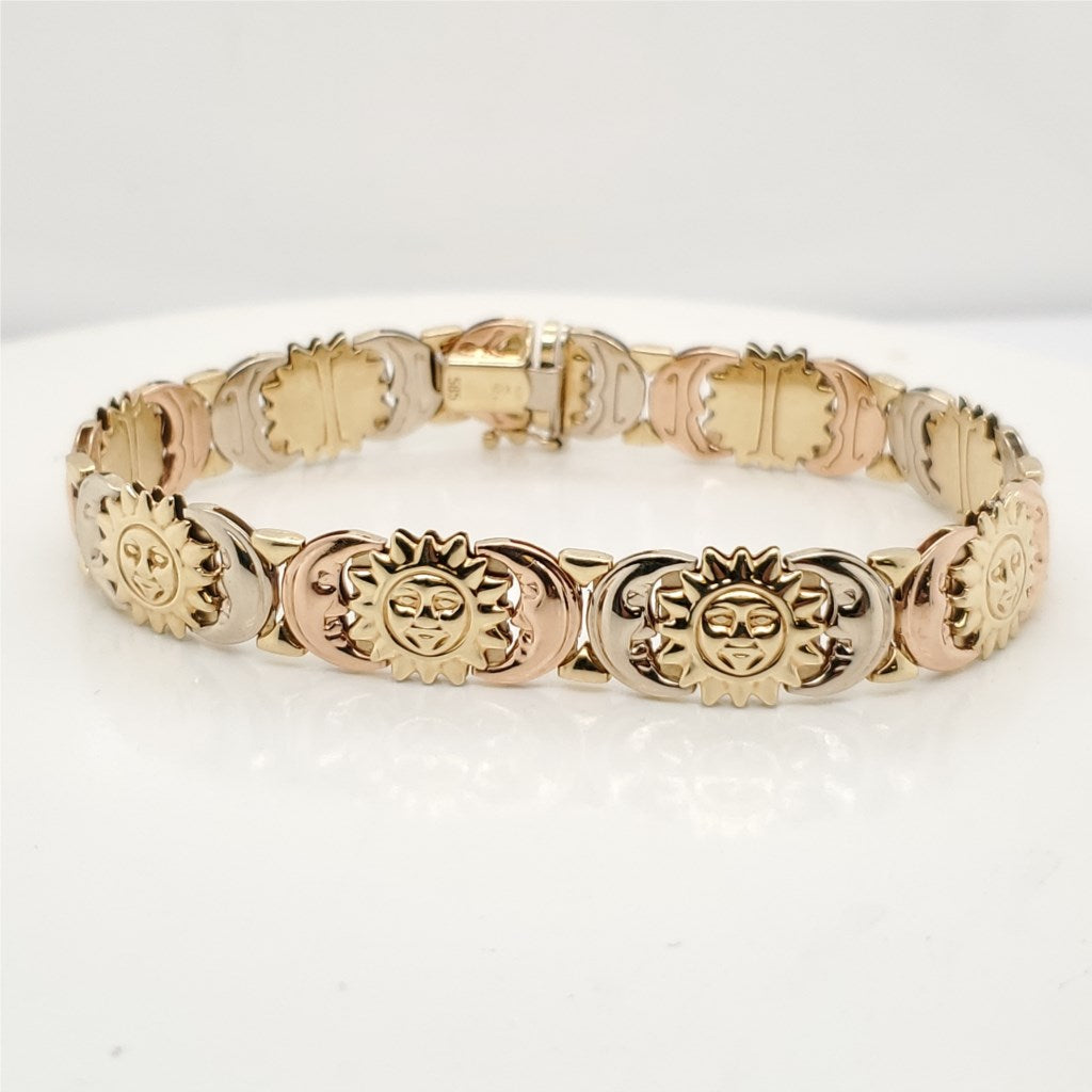 14kt Yellow White and Rose Gold Sun and Moon Bracelet