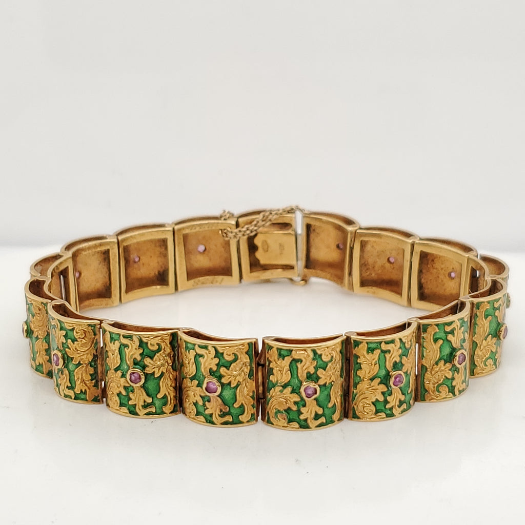 Vintage 18kt Yellow Gold Green Enamel and Ruby Bracelet