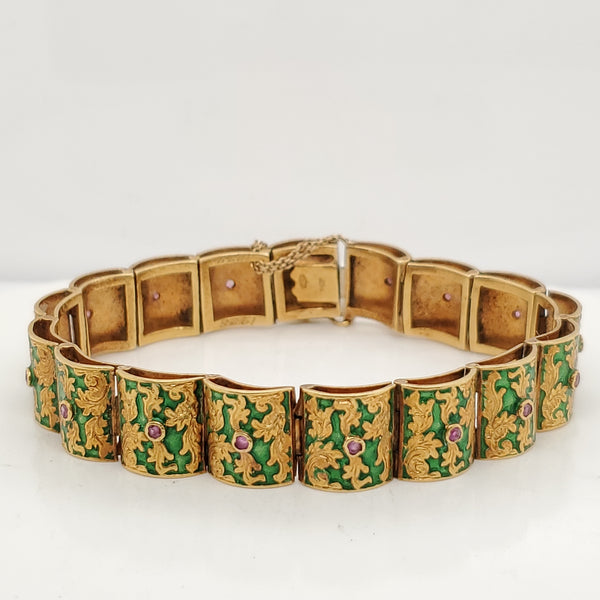 Vintage 18kt Yellow Gold Green Enamel and Ruby Bracelet