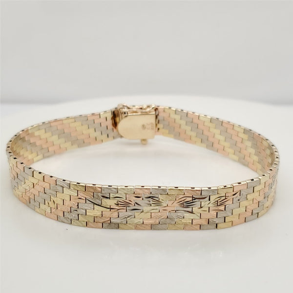 Zeldman & Friedman 14ktYellow White and Rose Gold 11mm Wide Engraved Brick Link Bracelet