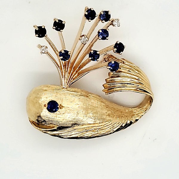 Vintage 18kt yellow gold, diamond and sapphire whale brooch