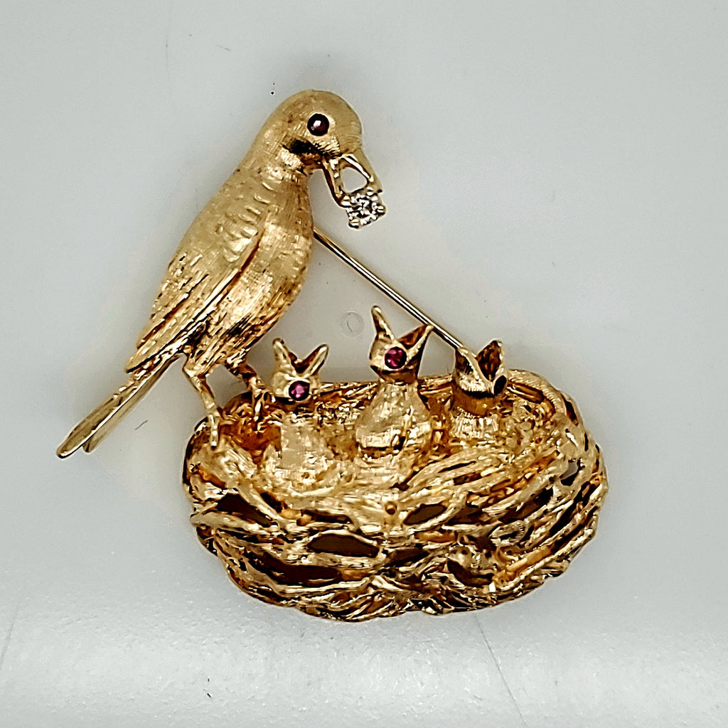 Vintage 14kt Yellow Gold and Ruby Bird Nest Brooch