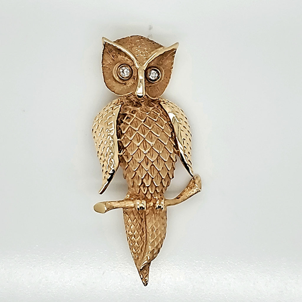 Vintage Zerrenner 14kt Yellow Gold and Diamond Owl Brooch