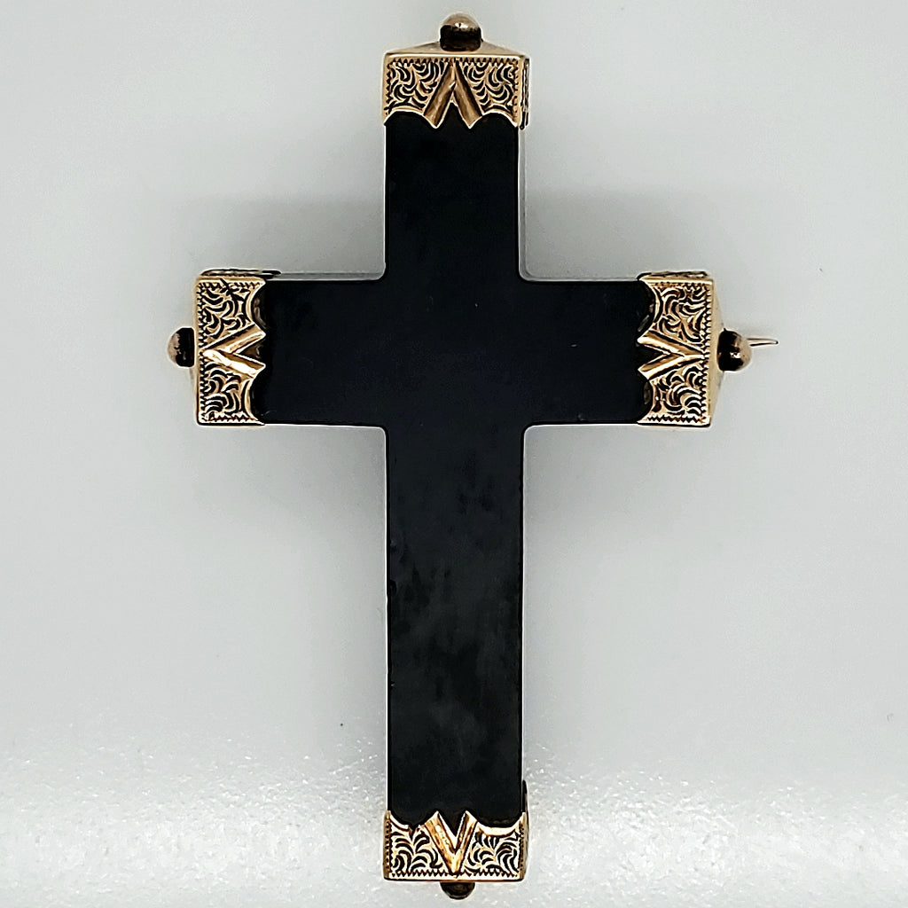 Antique Victorian 14Kt Yellow Gold Jett Cross Brooch