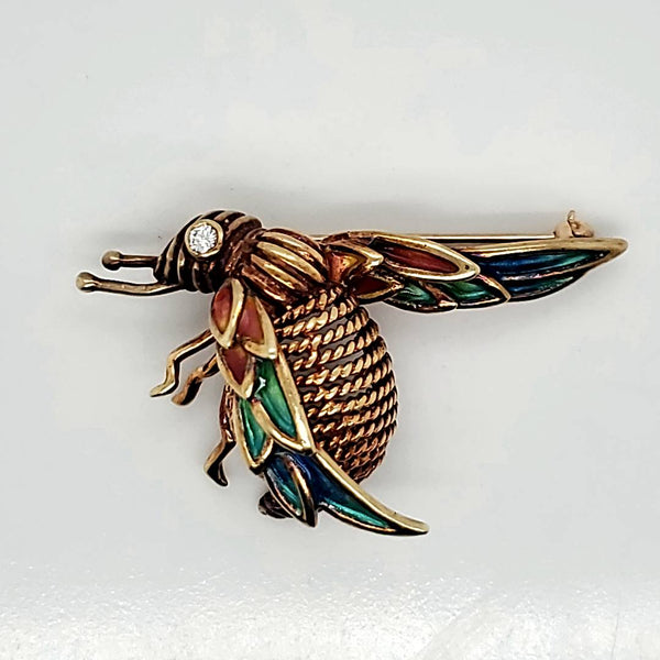 Vintage 14Kt Yellow Gold And Diamond Enamel Wasp Brooch