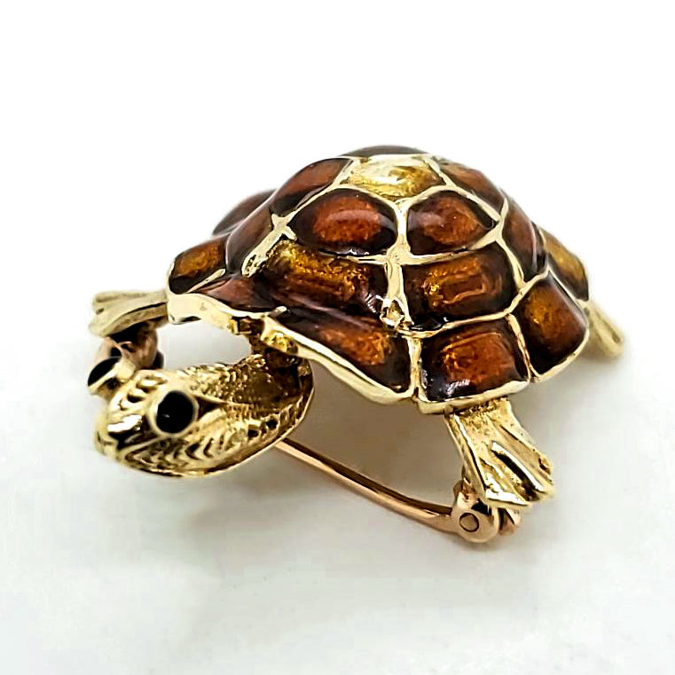 Vintage 14Kt Yellow Gold Enamel and Onyx Turtle Brooch