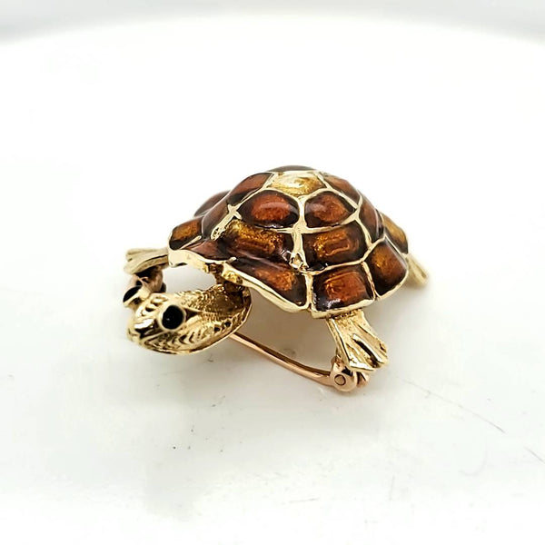 Vintage 14Kt Yellow Gold Enamel and Onyx Turtle Brooch