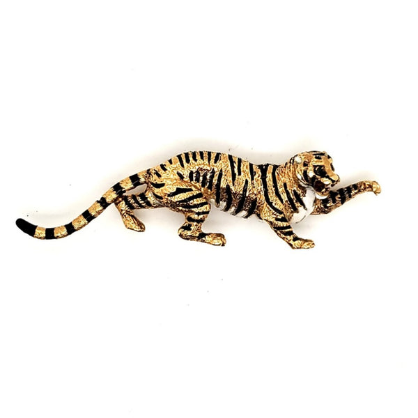 Vintage 18kt Yellow Gold Enamel and Emerald Tiger Brooch