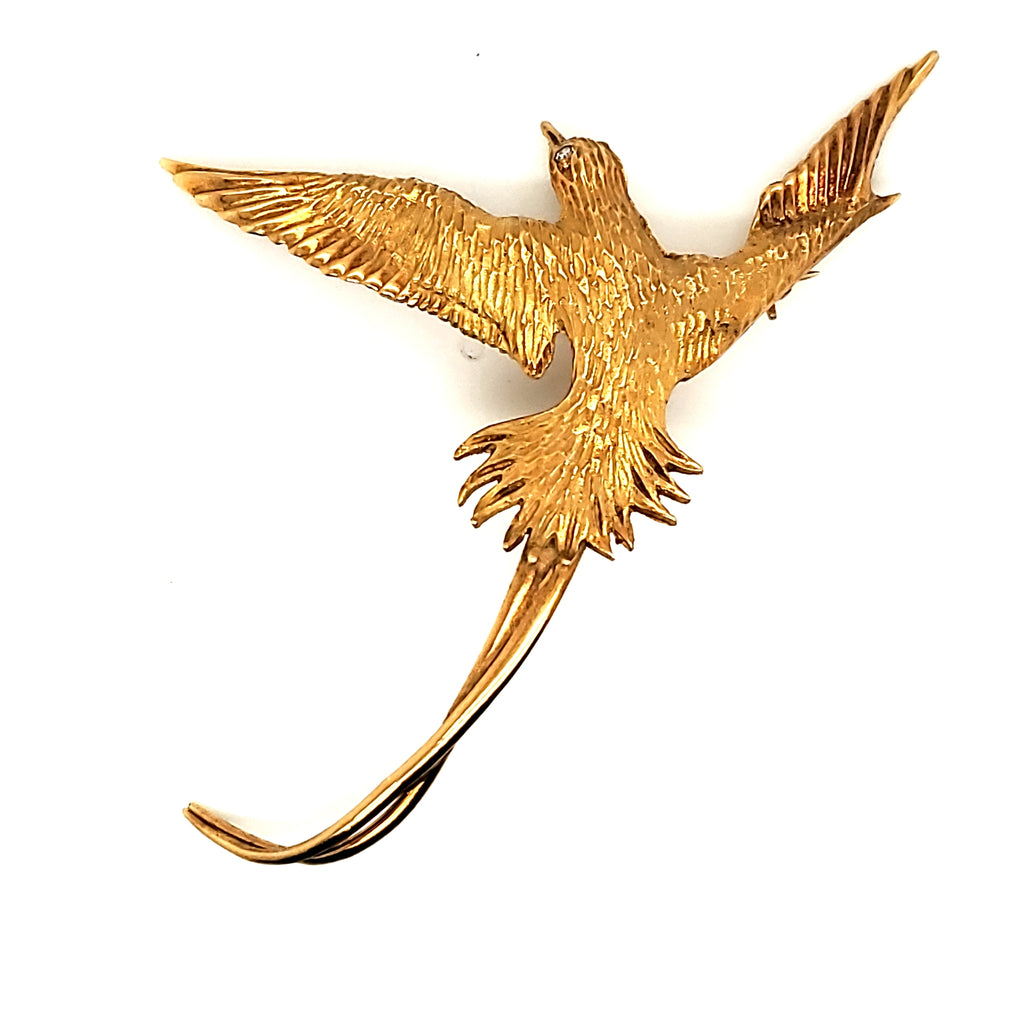 Vintage Mid-century 18kt Yellow Gold and Diamond Swallow Brooch