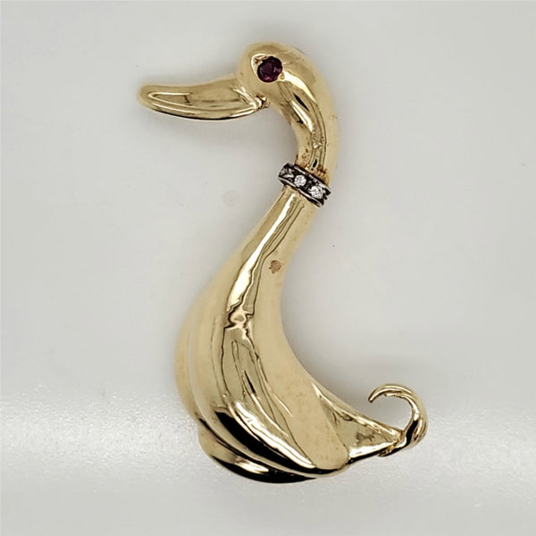 Vintage 14kt Yellow Gold Ruby and Diamond Duck Brooch