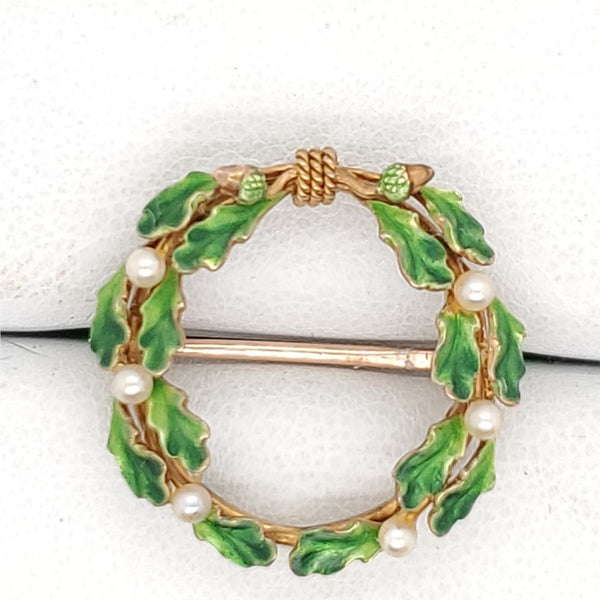 Antique Victorian Yellow Gold Green Enamel and Pearl Wreath Brooch