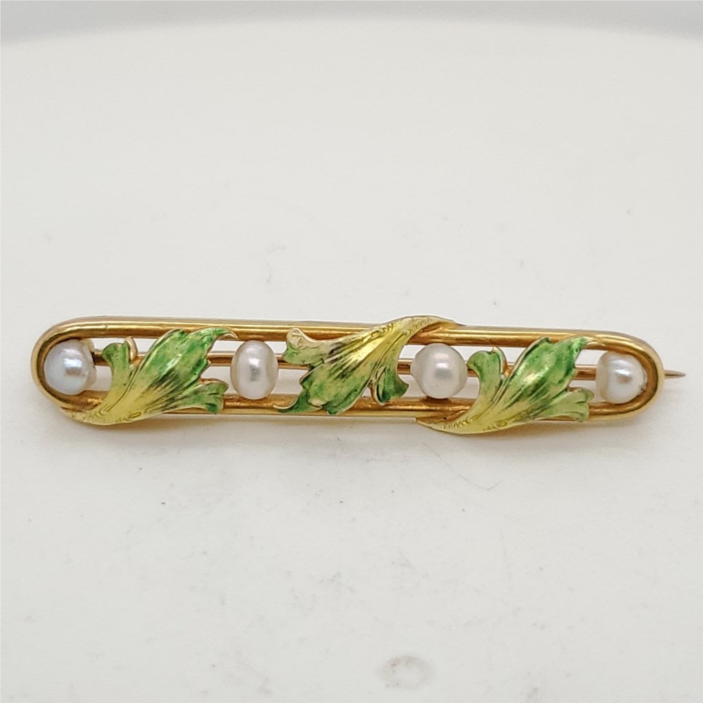 Antique Art Nouveau 14Kt Yellow Gold And Seed Pearl Enamel Brooch