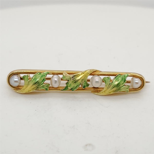 Antique Art Nouveau 14Kt Yellow Gold And Seed Pearl Enamel Brooch