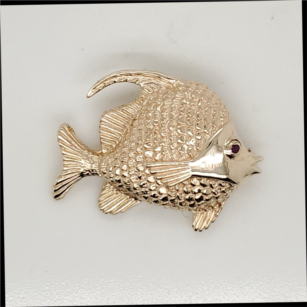 Vintage 14kt Yellow Gold and Ruby Fish Brooch